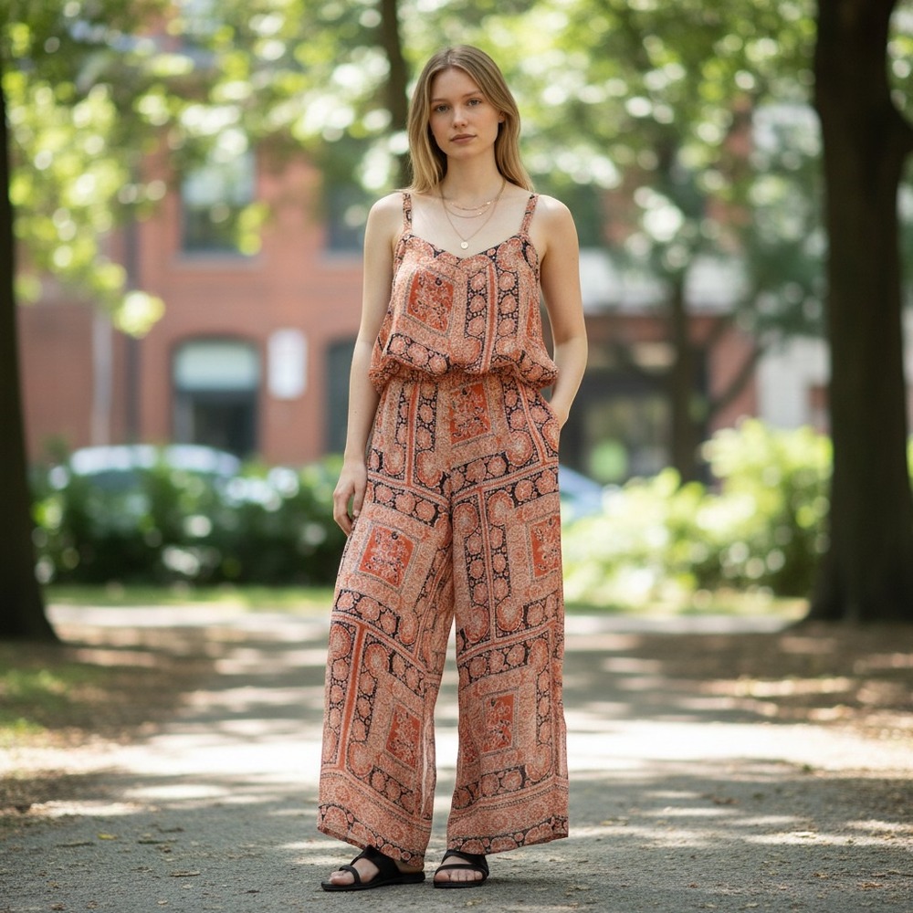 Free People Bohemian Patchwork Culotte Wide Leg Pants Orange Terracotta Small